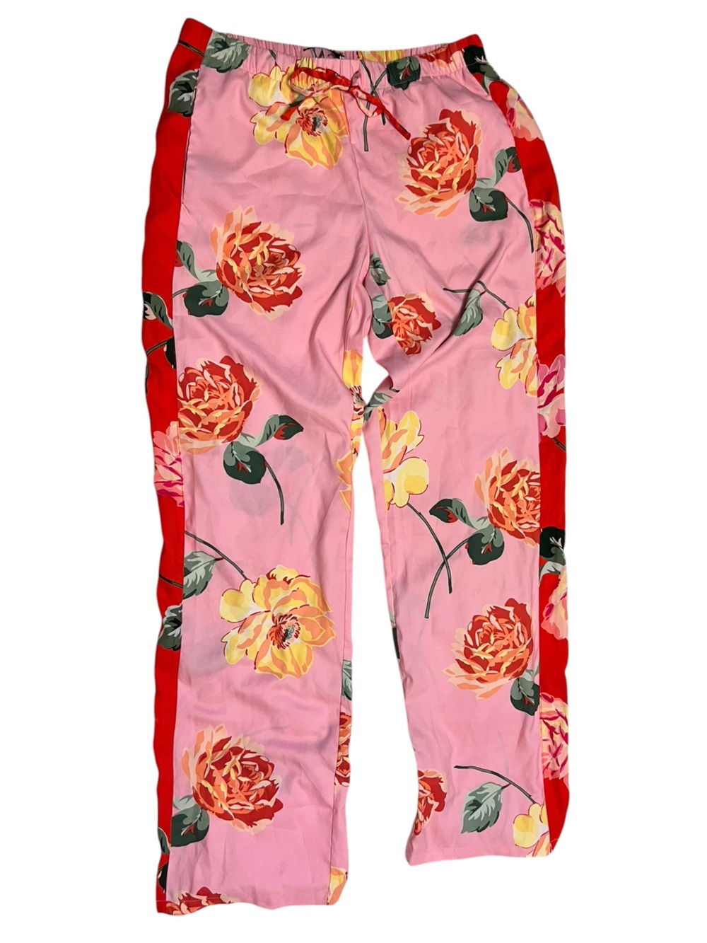 Victoria’s Secret Satin Pajama Pants Small Pink Floral Red Side Stripe NWOT
